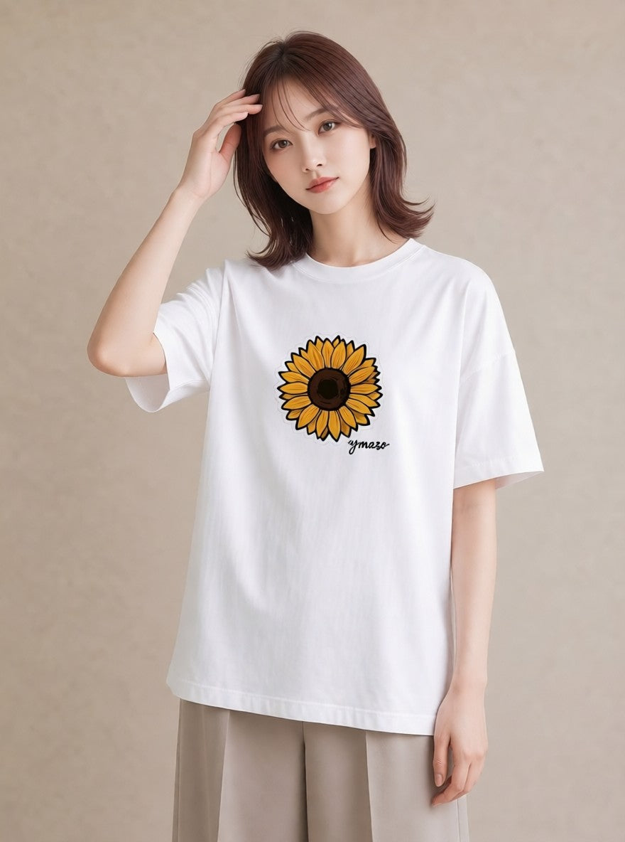 半袖Tシャツ レディース ひまわり 向日葵 花 花柄 イラスト ナチュラル 送別ギフト 通勤 白T YMAZO