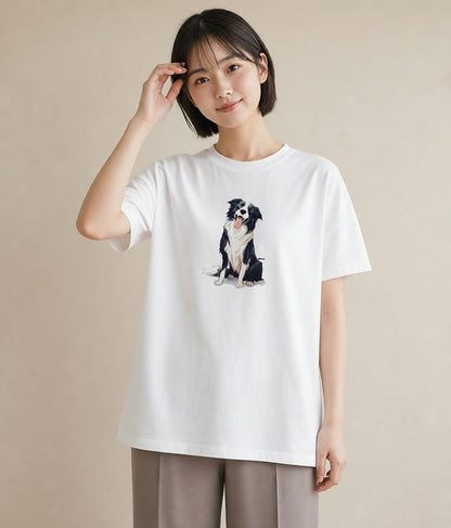 プリントTシャツ レディース ボーダーコリー 犬 いぬ イラスト ヴィンテージ風 お出かけ 普段着 白T YMAZO
