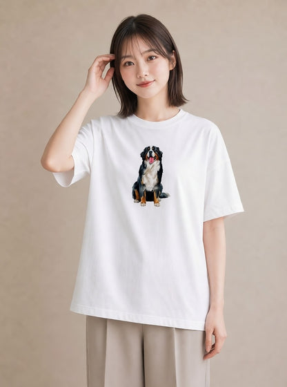 デザインTシャツ レディース バーニーズマウンテンドッグ 犬 いぬ イラスト レトロ ラフ レイヤード 白T YMAZO