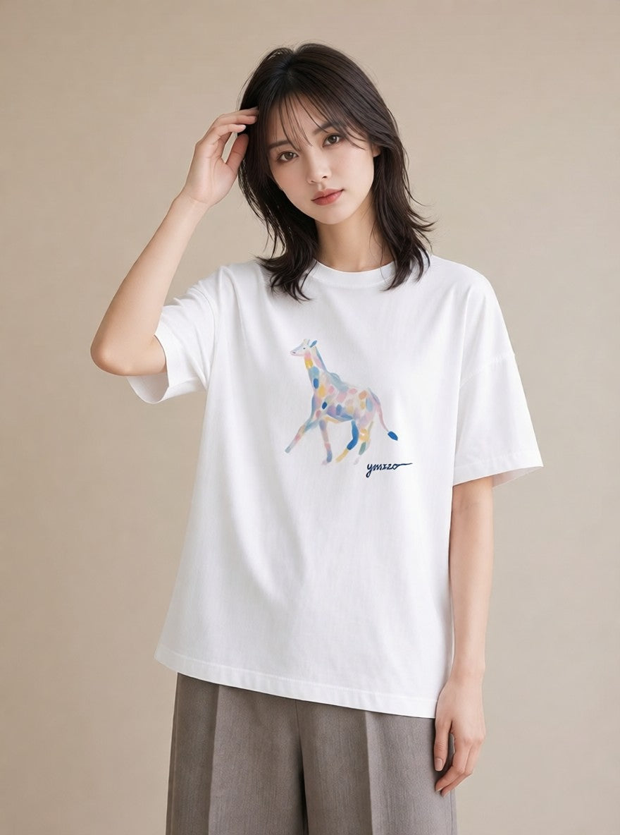 デザインTシャツ レディース きりん 動物 アニマル イラスト 誕生日プレゼント 綿100 白T YMAZO