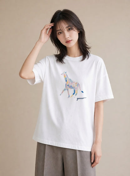 デザインTシャツ レディース きりん 動物 アニマル イラスト 誕生日プレゼント 綿100 白T YMAZO