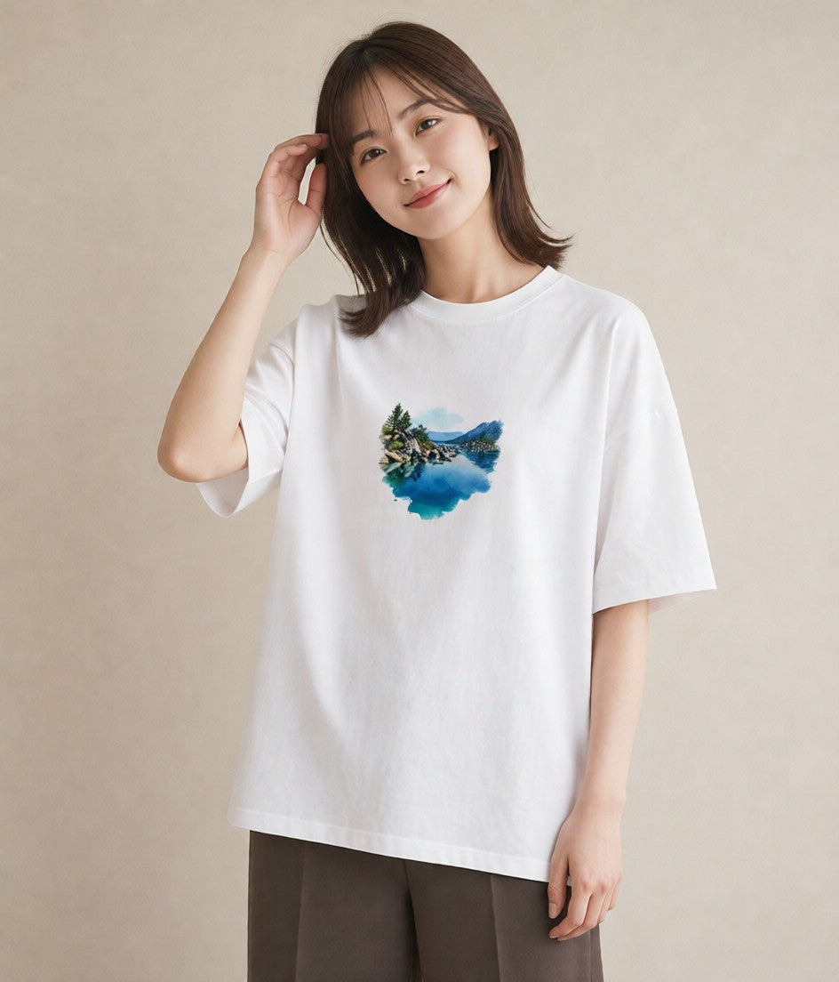 プリントTシャツ レディース 桟橋 水辺 波止場 ナチュラル アンティーク イラスト お洒落 秋コーデ おしゃれギフト 白T YMAZO