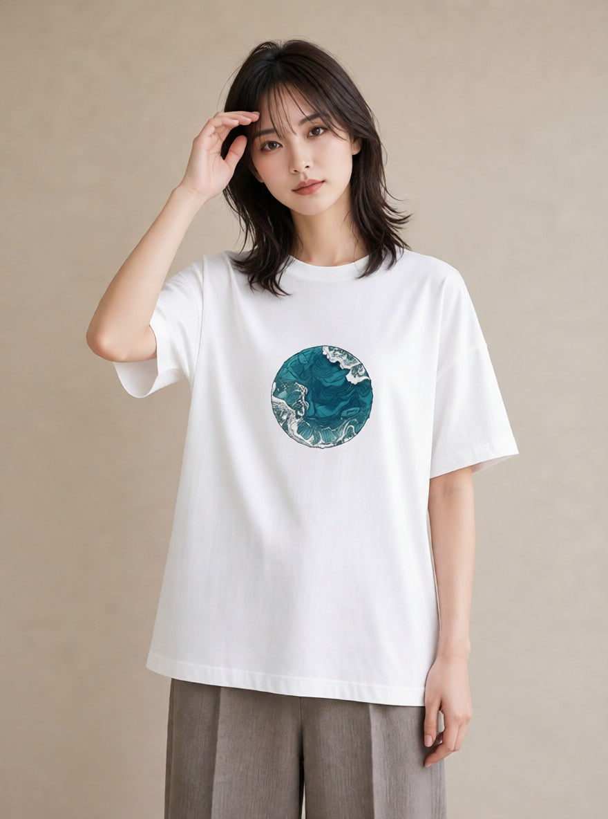 デザインTシャツ レディース 海 星空 宇宙 イラスト ラフカジュアル ママ カフェ服 白T YMAZO