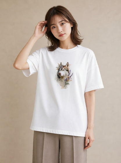 Tシャツ レディース シベリアンハスキー 犬 いぬ イラスト 休日コーデ 送別ギフト 通勤 白T YMAZO