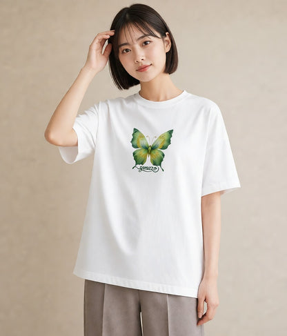 デザインTシャツ レディース ちょうちょ 蝶 バタフライ 昆虫 虫 イラスト お洒落 おしゃれギフト 社会人 白T YMAZO