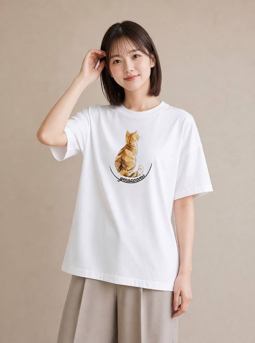 グラフィックTシャツ レディース 猫 ねこ イラスト 線画 海 カフェ巡り 白T YMAZO