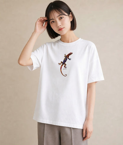 Tシャツ レディース ヤモリ ペット 動物 イラスト ヴィンテージ風 通勤 在宅 白T YMAZO