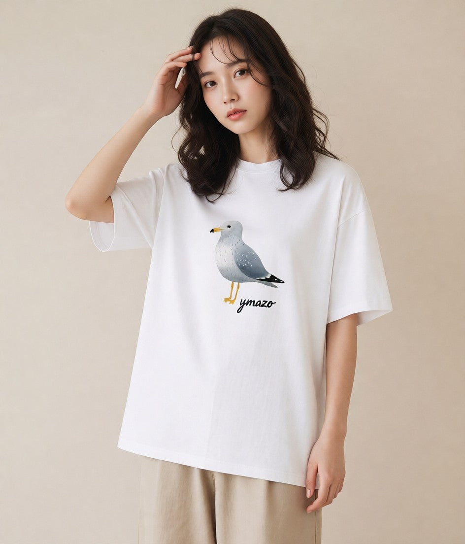 プリントTシャツ レディース 遠い家と鳥 風景 鳥 ナチュラル アンティーク イラスト ゆるコーデ 在宅 公園 白T YMAZO