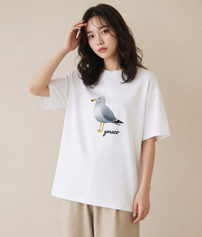 プリントTシャツ レディース 遠い家と鳥 風景 鳥 ナチュラル アンティーク イラスト ゆるコーデ 在宅 公園 白T YMAZO