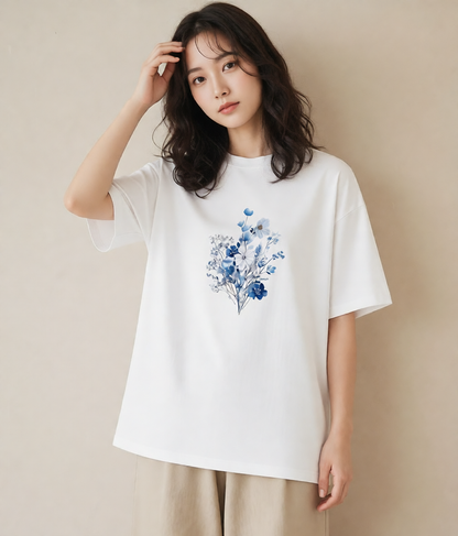 グラフィックTシャツ レディース 花 花柄 イラスト ラフ 綿100 デート 白T
