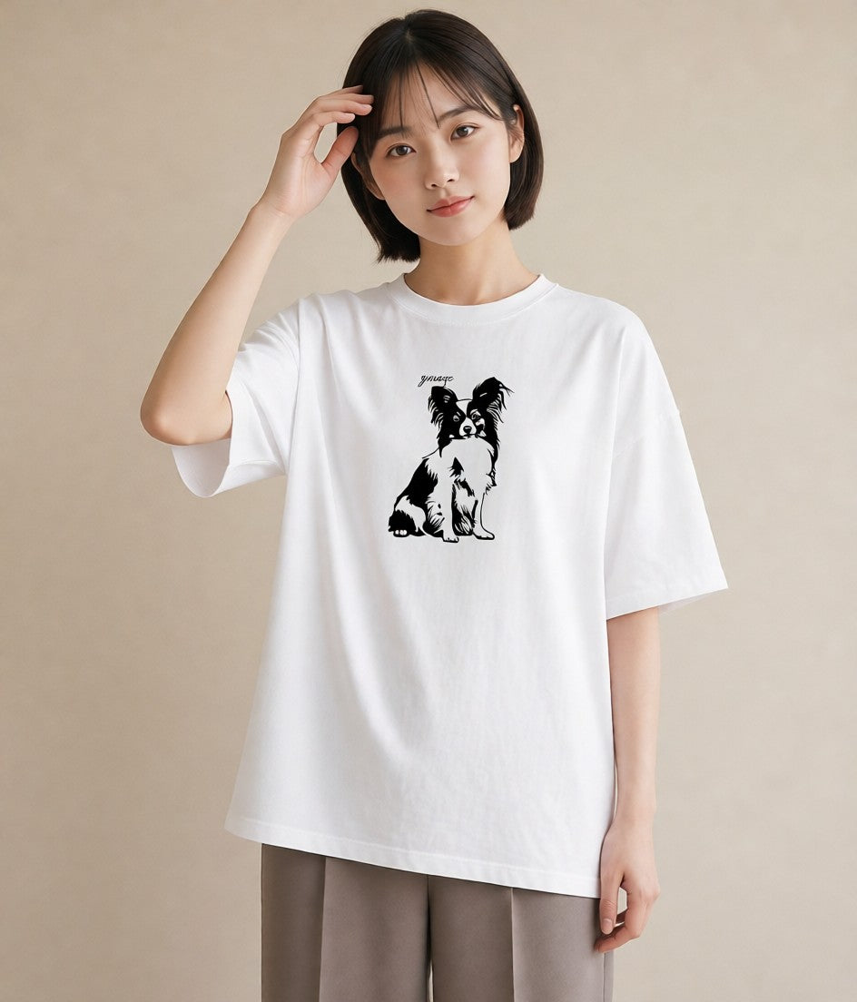 プリントTシャツ レディース パピヨン 犬 いぬ イラスト 線画 通学 誕生日プレゼント 白T YMAZO