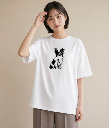 プリントTシャツ レディース パピヨン 犬 いぬ イラスト 線画 通学 誕生日プレゼント 白T YMAZO