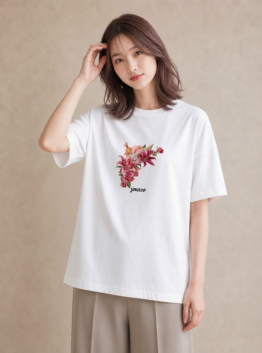 グラフィックTシャツ レディース ゆり 百合 花 花柄 イラスト カジュアル ラフ レイヤード 白T