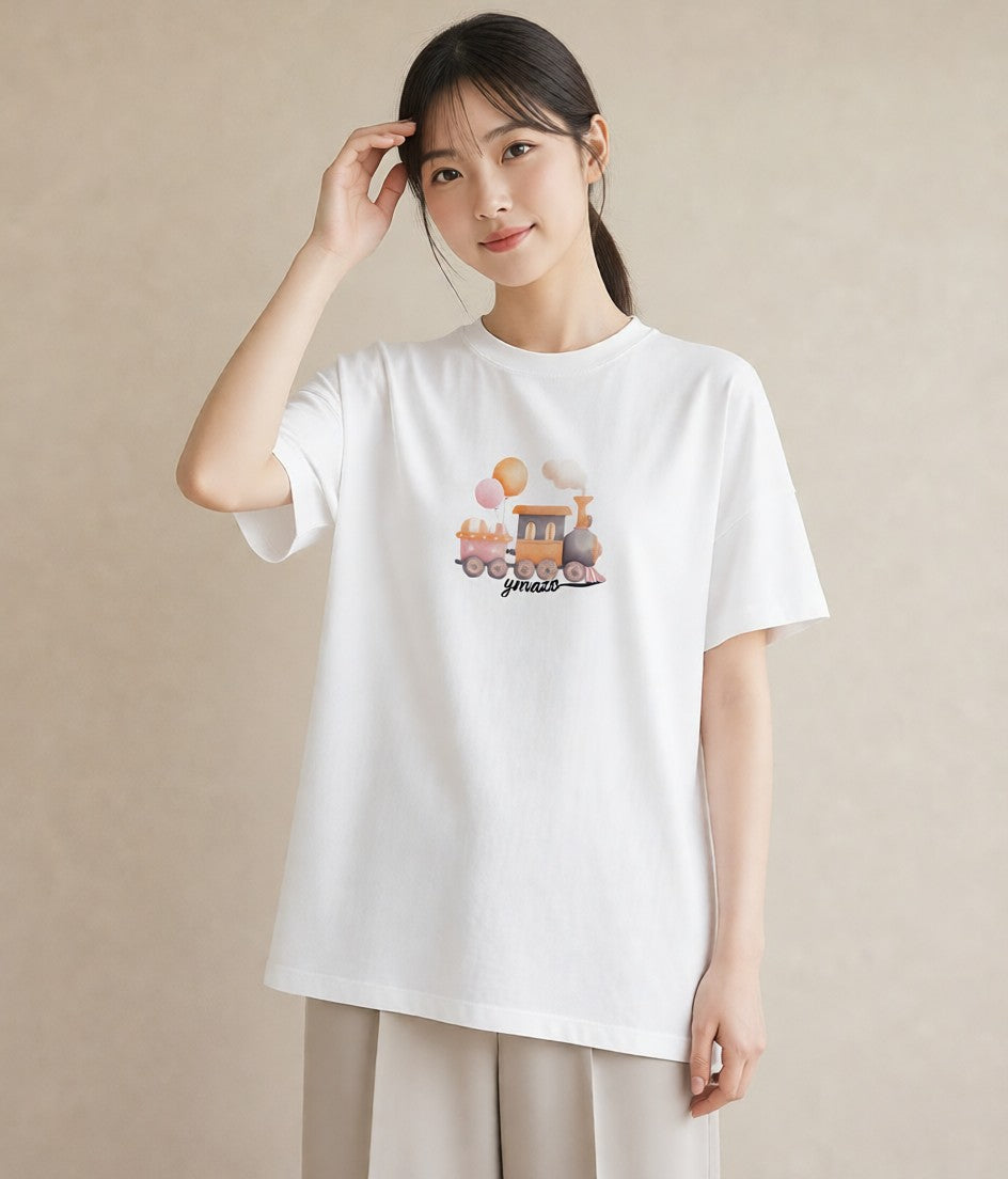 Tシャツ レディース 駅のホーム ローカル線 駅 ナチュラル アンティーク イラスト シック 旅行用 海 白T YMAZO