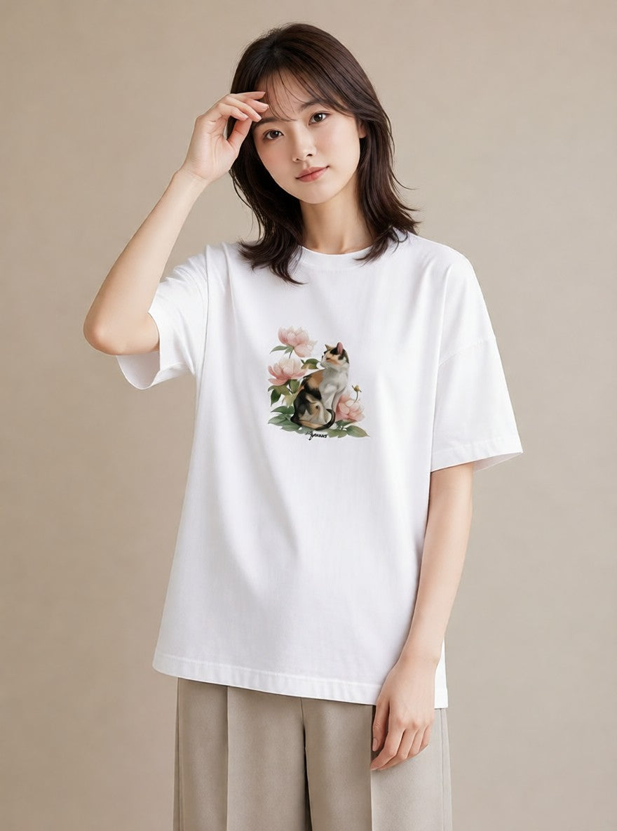 デザインTシャツ レディース 愛猫 猫 ねこ イラスト 線画 おしゃれギフト 社会人 白T YMAZO