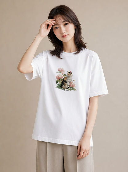 デザインTシャツ レディース 愛猫 猫 ねこ イラスト 線画 おしゃれギフト 社会人 白T YMAZO
