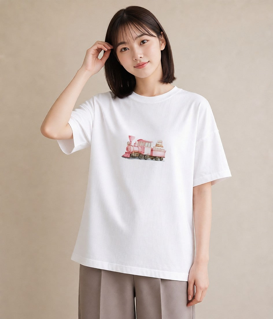 半袖Tシャツ レディース 駅のホーム ローカル線 駅 ナチュラル アンティーク イラスト 水彩風 女子会 お揃い 白T YMAZO