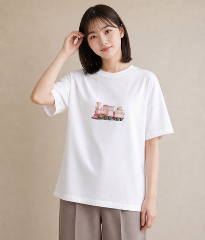 半袖Tシャツ レディース 駅のホーム ローカル線 駅 ナチュラル アンティーク イラスト 水彩風 女子会 お揃い 白T YMAZO