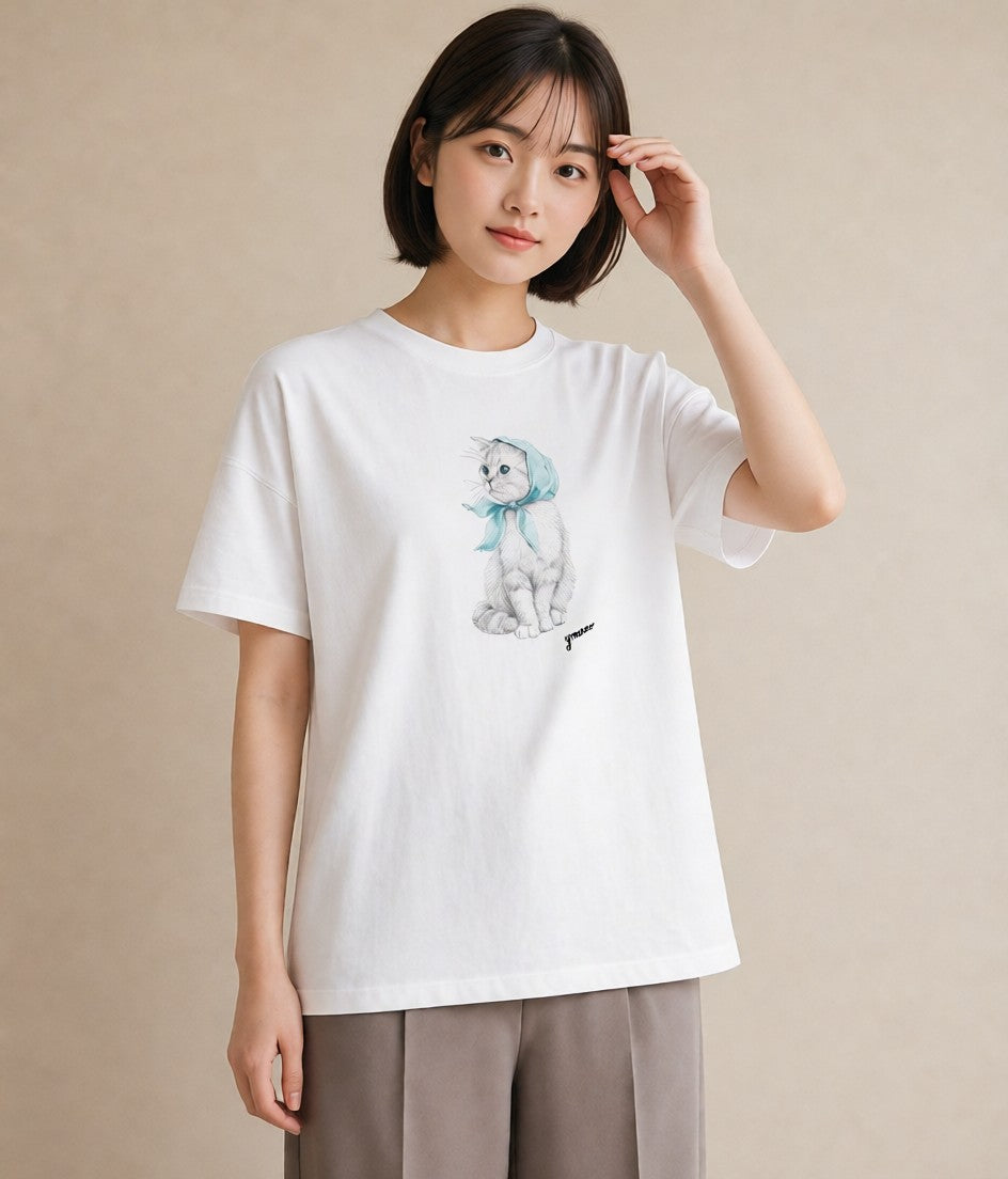 デザインTシャツ レディース スコティッシュフォールド 猫 ねこ イラスト 抜け感 社会人 女性 白T YMAZO