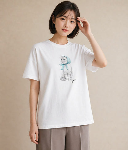 デザインTシャツ レディース スコティッシュフォールド 猫 ねこ イラスト 抜け感 社会人 女性 白T YMAZO