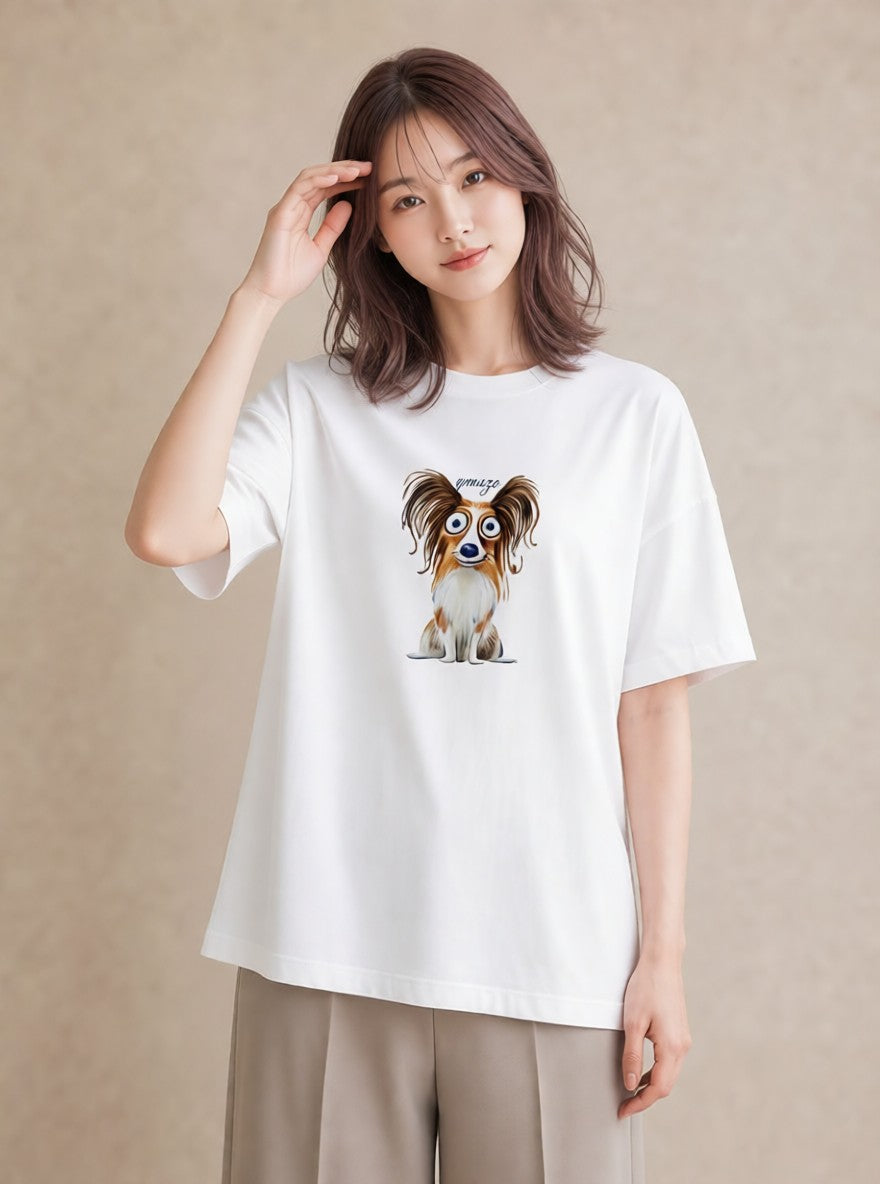 半袖Tシャツ レディース パピヨン 犬 いぬ イラスト 休日コーデ 春コーデ 姉妹 白T YMAZO