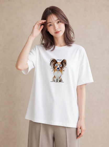 半袖Tシャツ レディース パピヨン 犬 いぬ イラスト 休日コーデ 春コーデ 姉妹 白T YMAZO