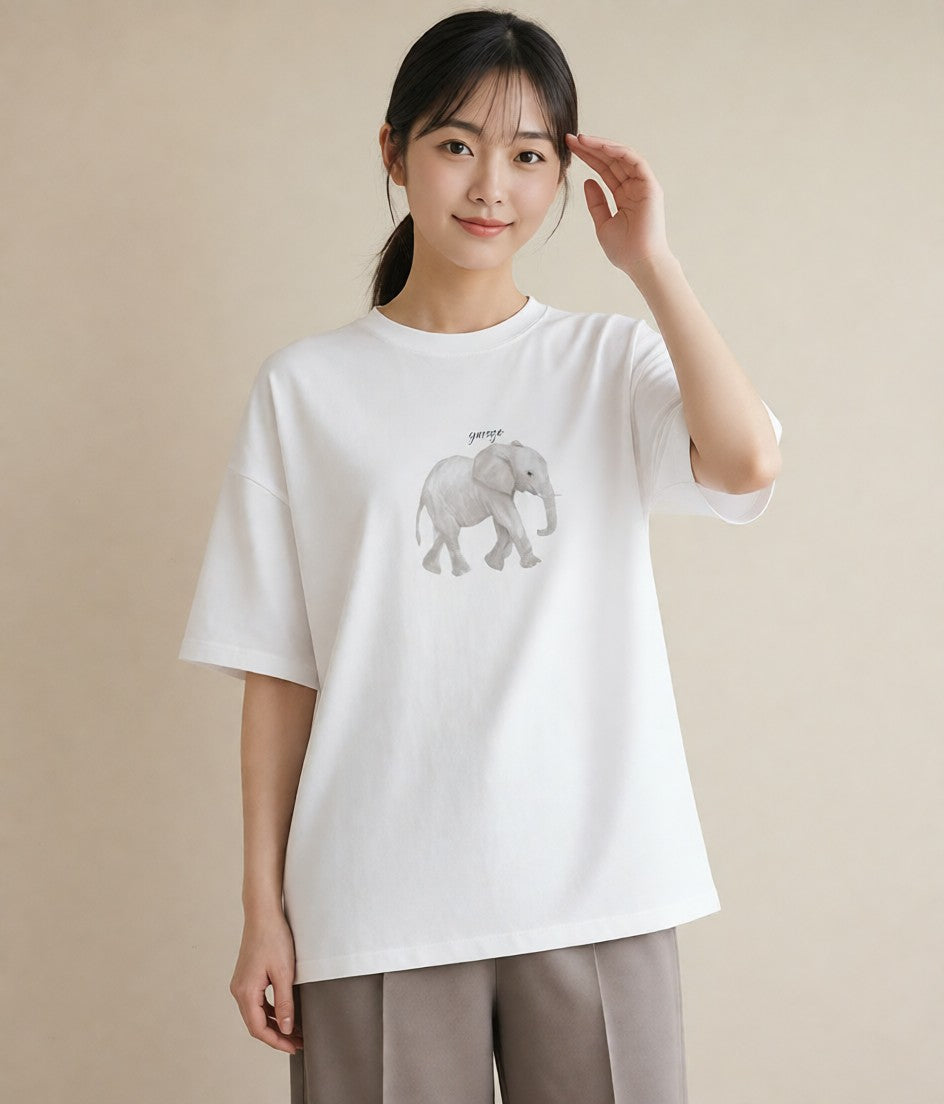 Tシャツ レディース ぞう 動物 アニマル イラスト ミニマル 通勤 在宅 白T YMAZO