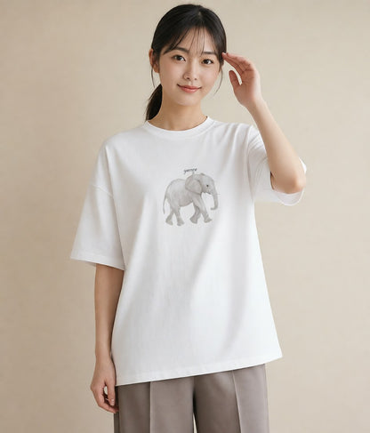 Tシャツ レディース ぞう 動物 アニマル イラスト ミニマル 通勤 在宅 白T YMAZO