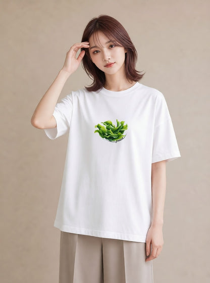 Tシャツ レディース 新緑 植物 ボタニカル イラスト 線画 カジュアルコーデ 買い物 白T YMAZO