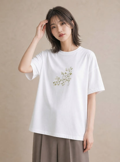 プリントTシャツ レディース つる 植物 ボタニカル イラスト 線画 散歩 お出かけ 白T YMAZO