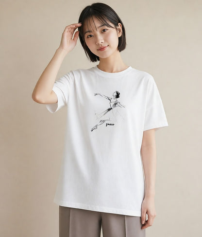 半袖Tシャツ レディース バレエシューズ バレエ トウシューズ ナチュラル アンティーク イラスト レイヤード 友達ギフト 白T YMAZO