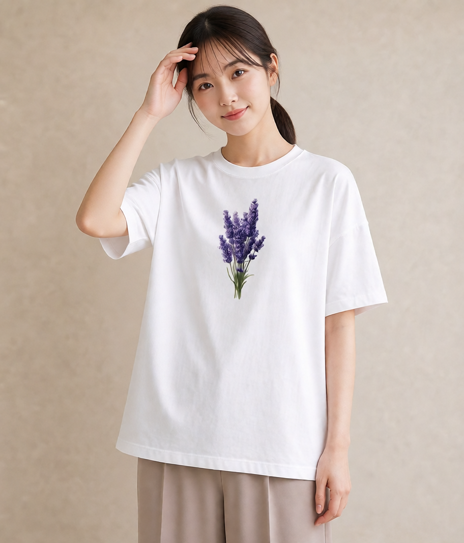 グラフィックTシャツ レディース ラベンダー 花 花柄 イラスト 旅行コーデ 帰省 ラフ 白T