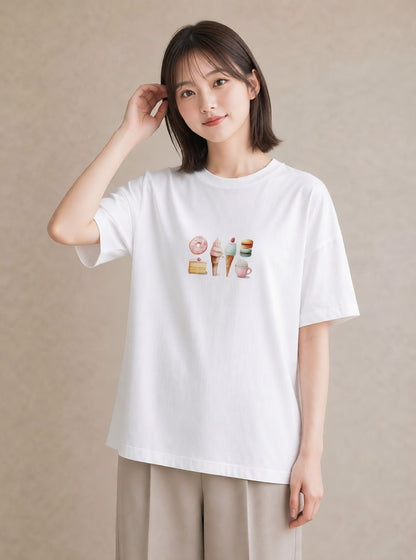 デザインTシャツ レディース ドーナツ 食べ物 フード イラスト こなれ感 ラフ レイヤード 白T YMAZO