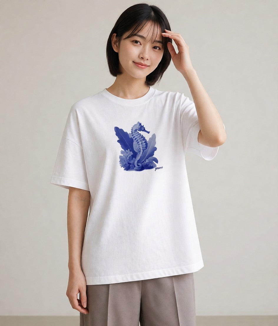 プリントTシャツ レディース タツノオトシゴ 海の生き物 海 イラスト お洒落 綿100 デート 白T YMAZO