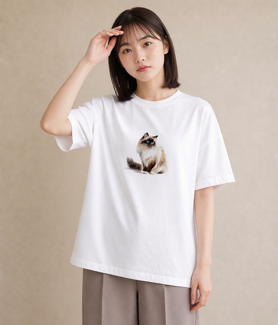 Tシャツ レディース 猫 ねこ イラスト ユニーク ルームウェア ギフト 白T YMAZO