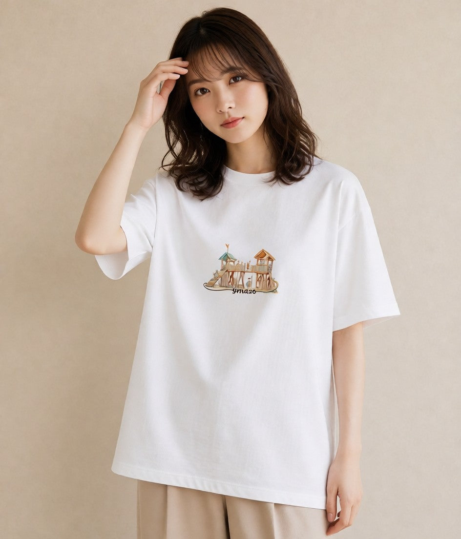 デザインTシャツ レディース 小川 橋 せせらぎ ナチュラル アンティーク イラスト カフェコーデ 姉妹 送別ギフト 白T YMAZO