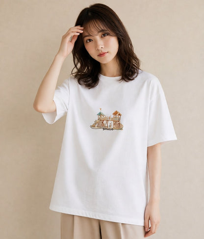 デザインTシャツ レディース 小川 橋 せせらぎ ナチュラル アンティーク イラスト カフェコーデ 姉妹 送別ギフト 白T YMAZO