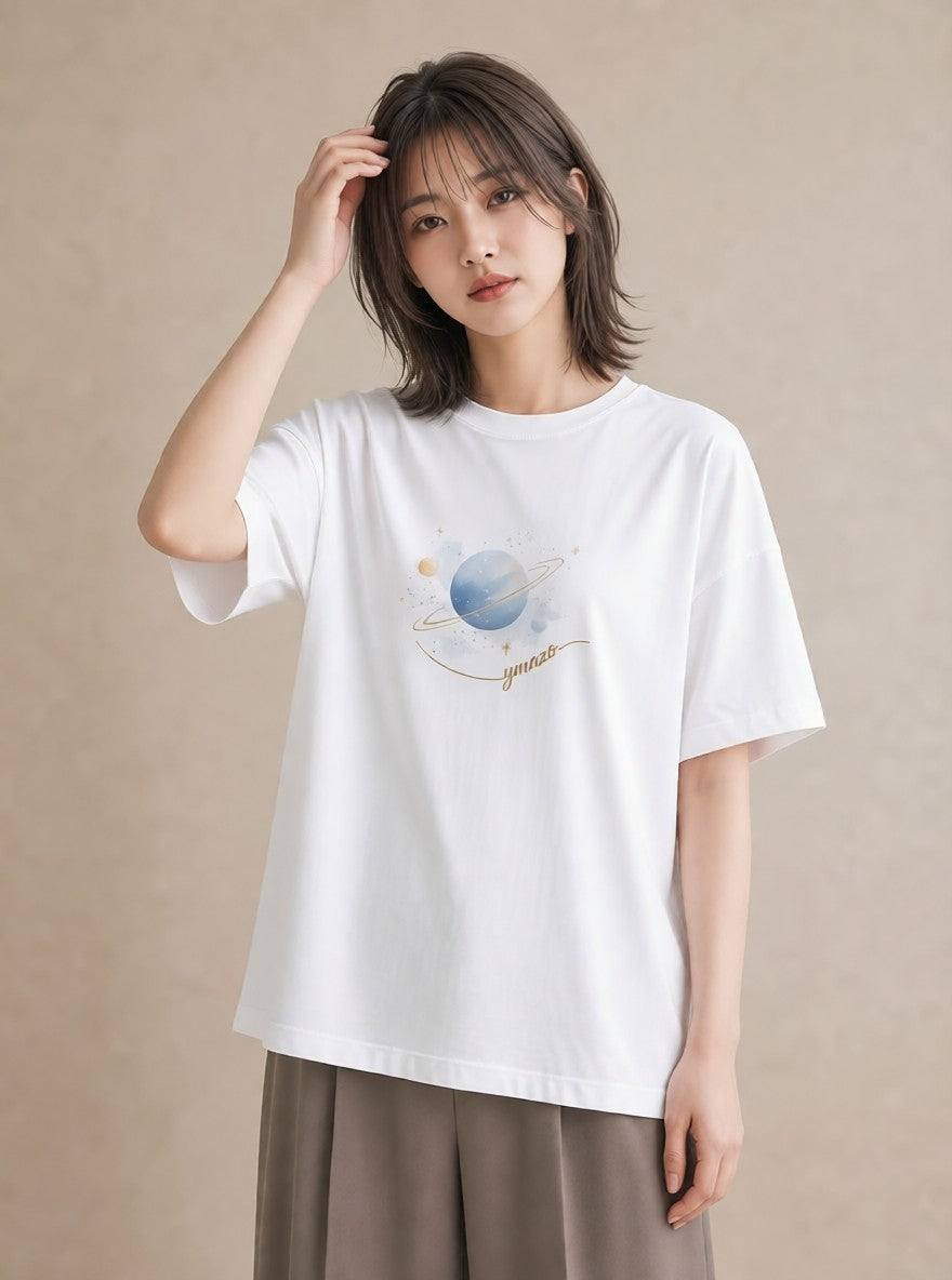 プリントTシャツ レディース 土星 星空 宇宙 イラスト カジュアル カジュアルコーデ 買い物 白T YMAZO