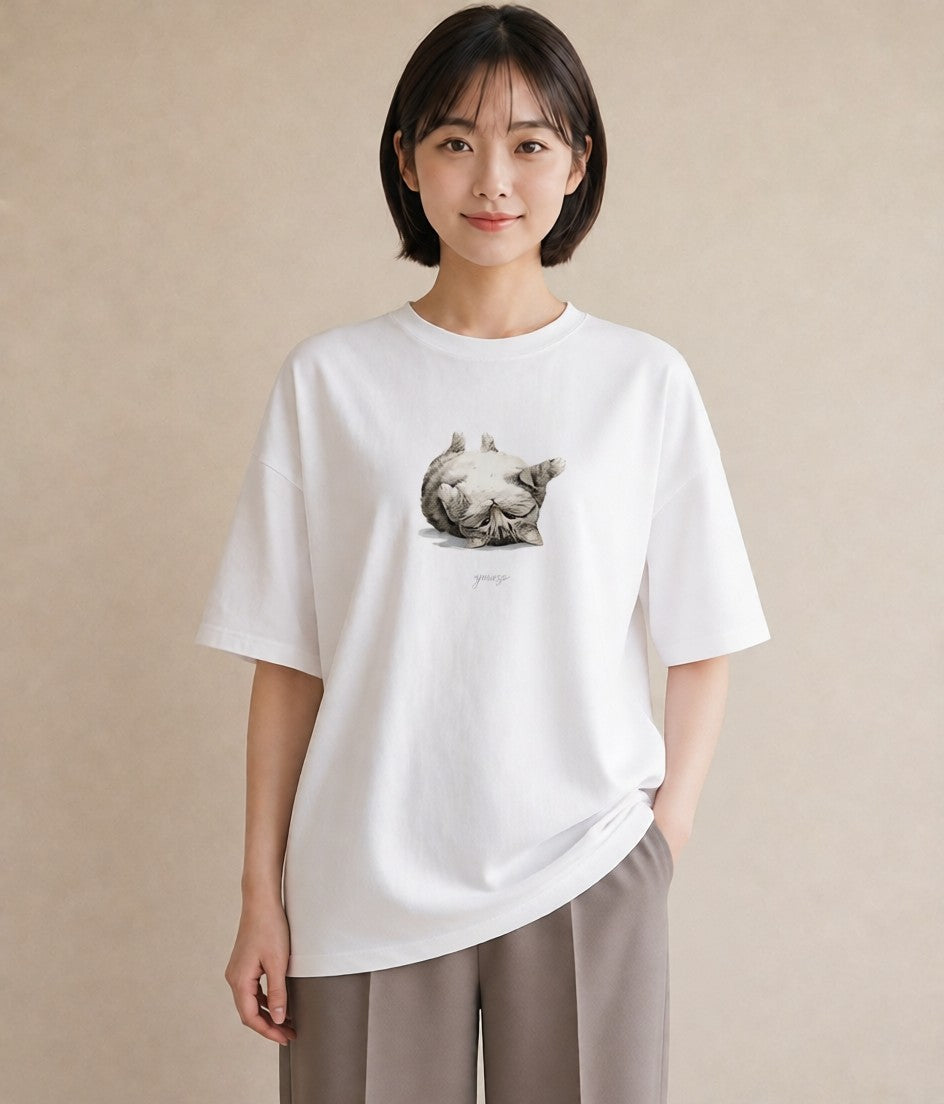 プリントTシャツ レディース キジトラ 猫 ねこ イラスト お洒落 お出かけ 普段着 白T YMAZO