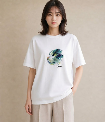 Tシャツ レディース ブリティッシュショートヘア 猫 ねこ イラスト 上品 社会人 女性 白T YMAZO