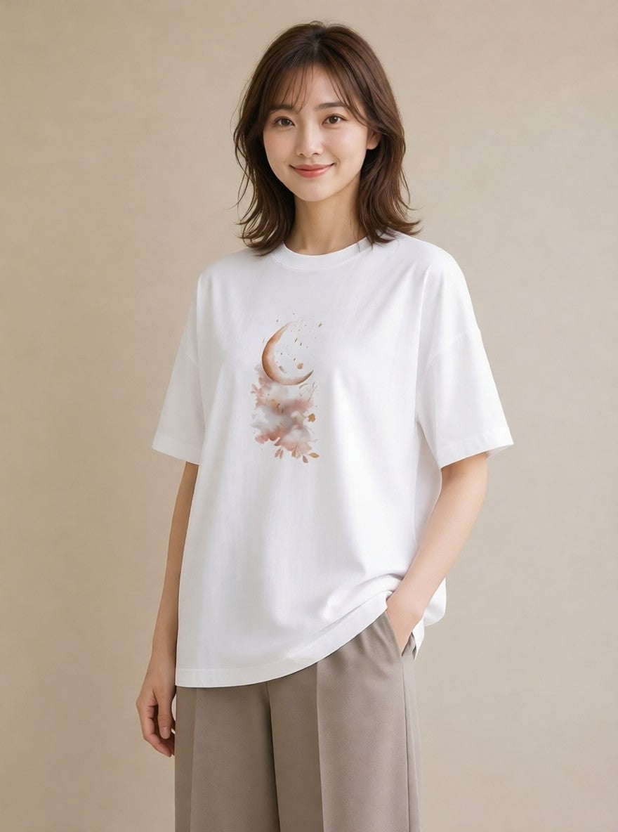 半袖Tシャツ レディース 星空 宇宙 イラスト カフェコーデ ラフ レイヤード 白T YMAZO