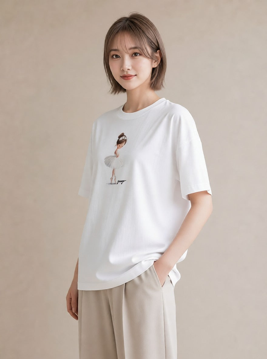 グラフィックTシャツ レディース バレエシューズ バレエ トウシューズ ナチュラル アンティーク イラスト ラフ ルームウェア ギフト 白T YMAZO