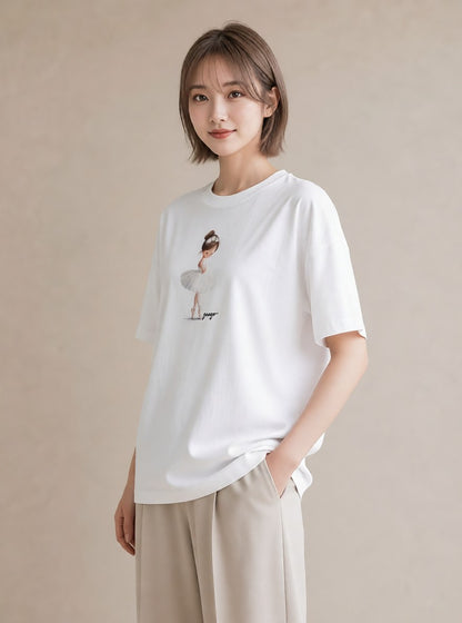 グラフィックTシャツ レディース バレエシューズ バレエ トウシューズ ナチュラル アンティーク イラスト ラフ ルームウェア ギフト 白T YMAZO