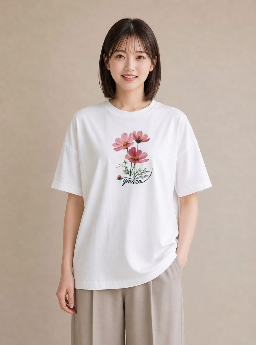 Tシャツ レディース コスモス 秋桜 花 花柄 イラスト 旅行コーデ 秋コーデ おしゃれギフト 白T YMAZO