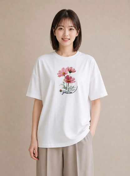 Tシャツ レディース コスモス 秋桜 花 花柄 イラスト 旅行コーデ 秋コーデ おしゃれギフト 白T YMAZO