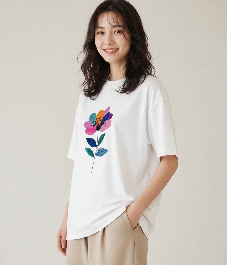 Tシャツ レディース スミレ 花 花柄 イラスト シンプル 海 カフェ巡り 白T YMAZO