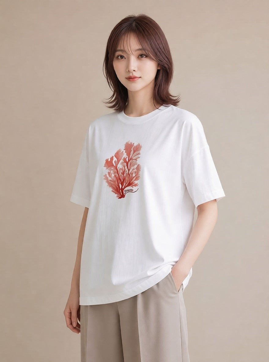プリントTシャツ レディース サンゴ 海の生き物 海 イラスト シンプル ペアコーデ 秋コーデ 白T YMAZO