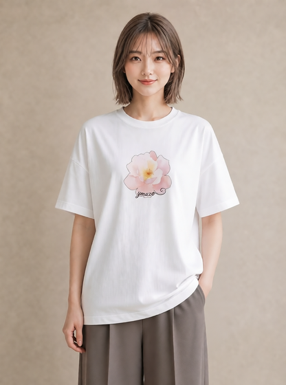 Tシャツ レディース 牡丹 花 花柄 イラスト 旅行コーデ 公園 ママ 白T YMAZO