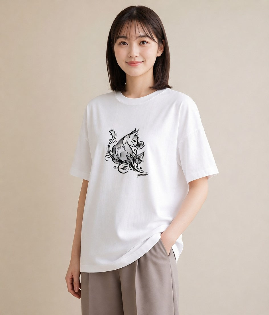 プリントTシャツ レディース 猫 ねこ ネコ イラスト ラフ ルームウェア ギフト 白T YMAZO