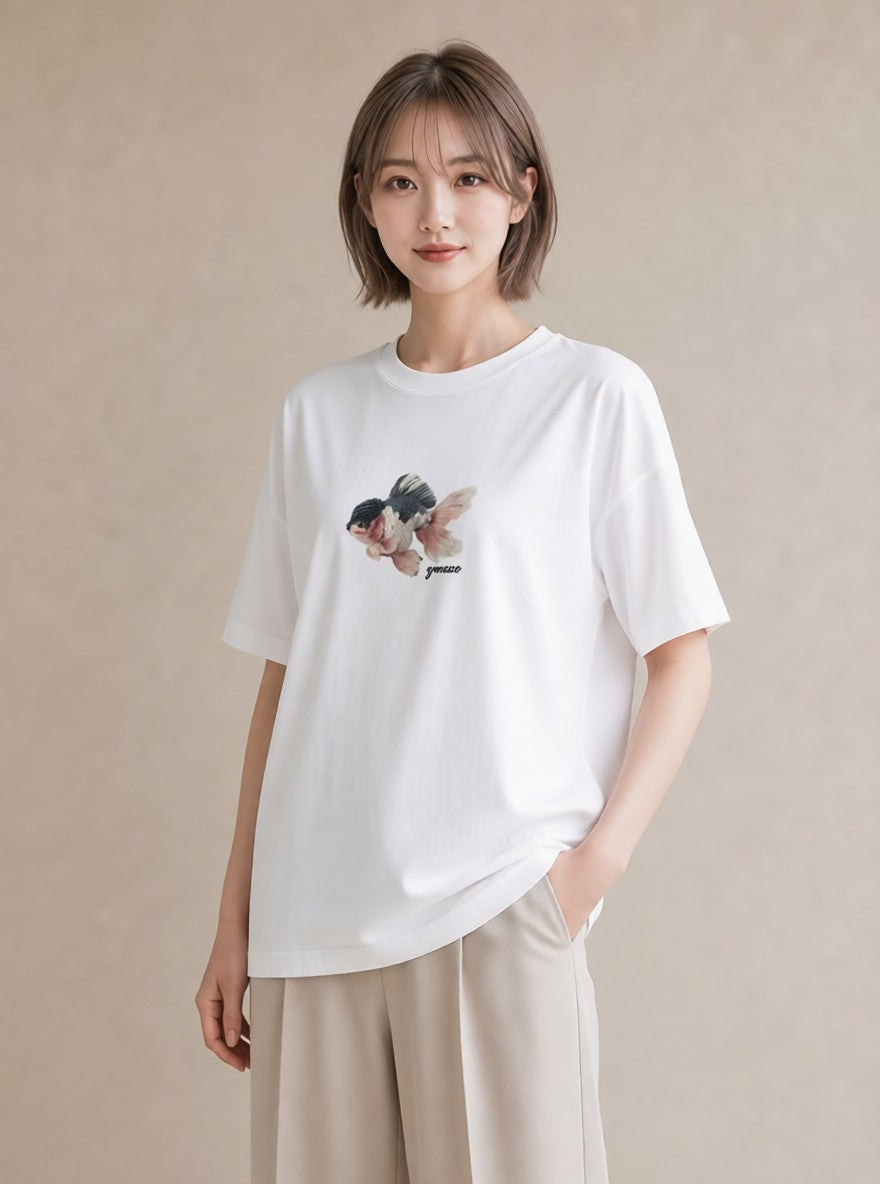 デザインTシャツ レディース らんちゅう ペット 動物 イラスト ガーリー ホワイトデー 春服 白T YMAZO
